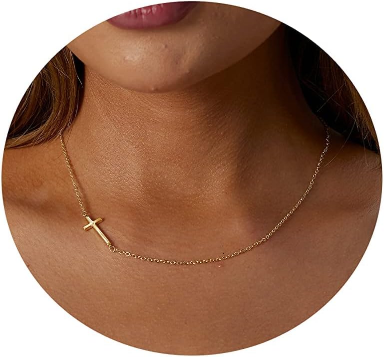 VIROMY Gold Cross Necklace for Women 14K Gold Plated Cute Sidways Cross Pendant Choker Necklaces Simple Trendy Everyday Jewelry for Women - Image 1